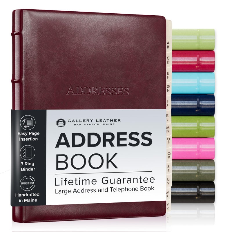 Gallery Leather Large Address Book with Alphabetical Tabs up to 480 records, Leather Notebook Hardcover, Telephone and Address Books - 9x7, Desk Address, Acadia Burgundy - Image 1